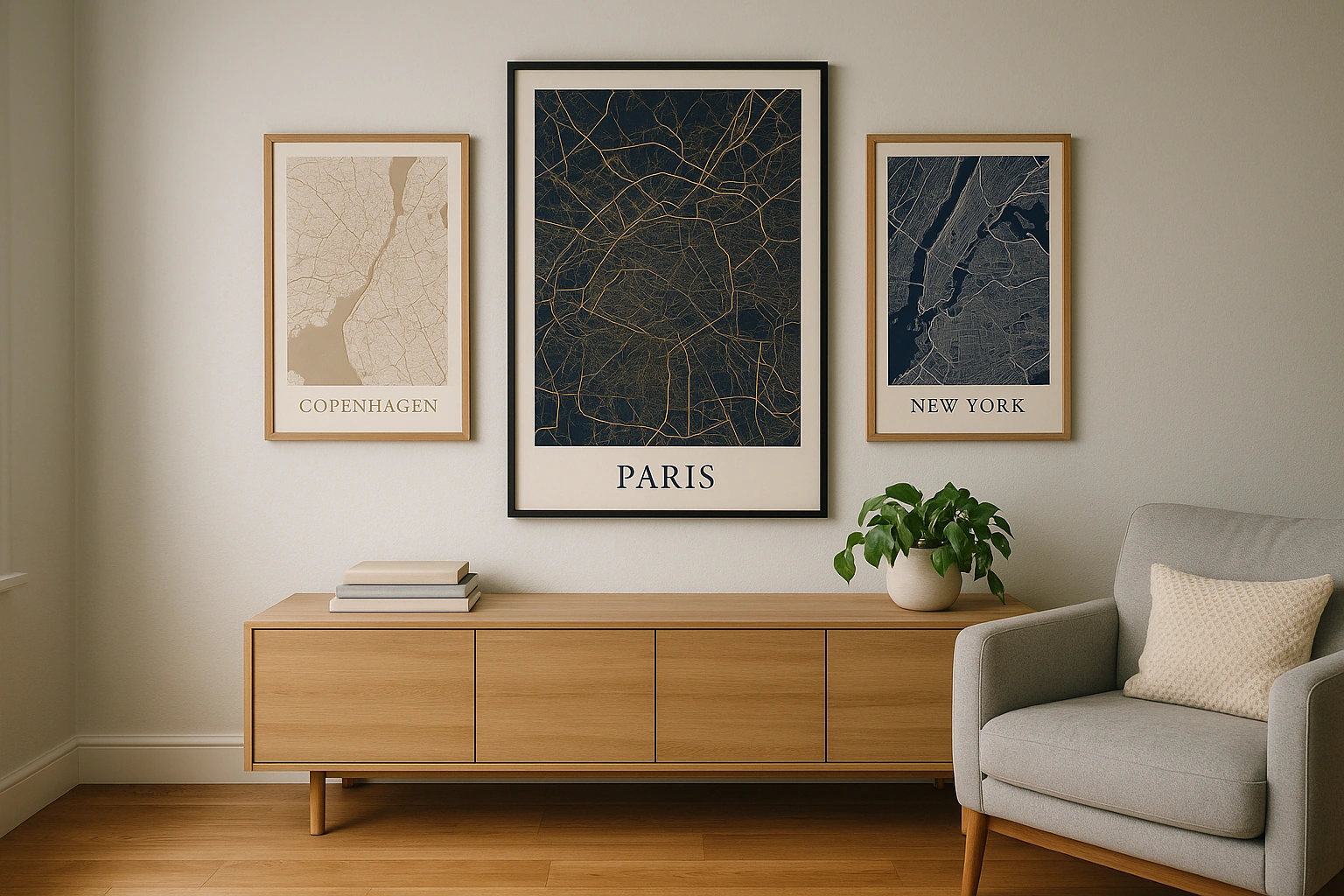 Three custom map posters in a curated gallery wall arrangement in a modern living room