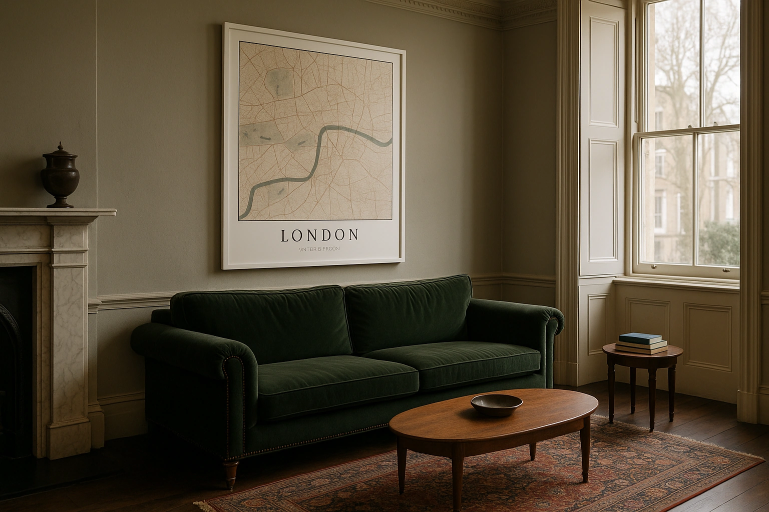 London map poster in a calm living room