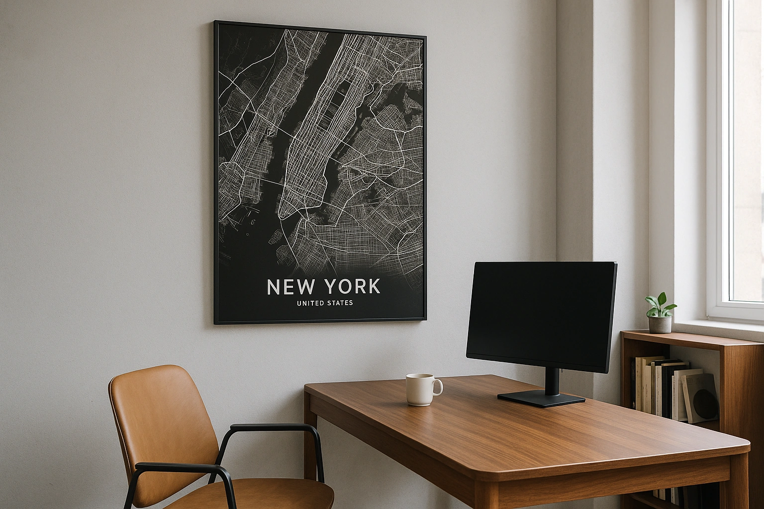 New York map poster in black frame in a minimalist home office