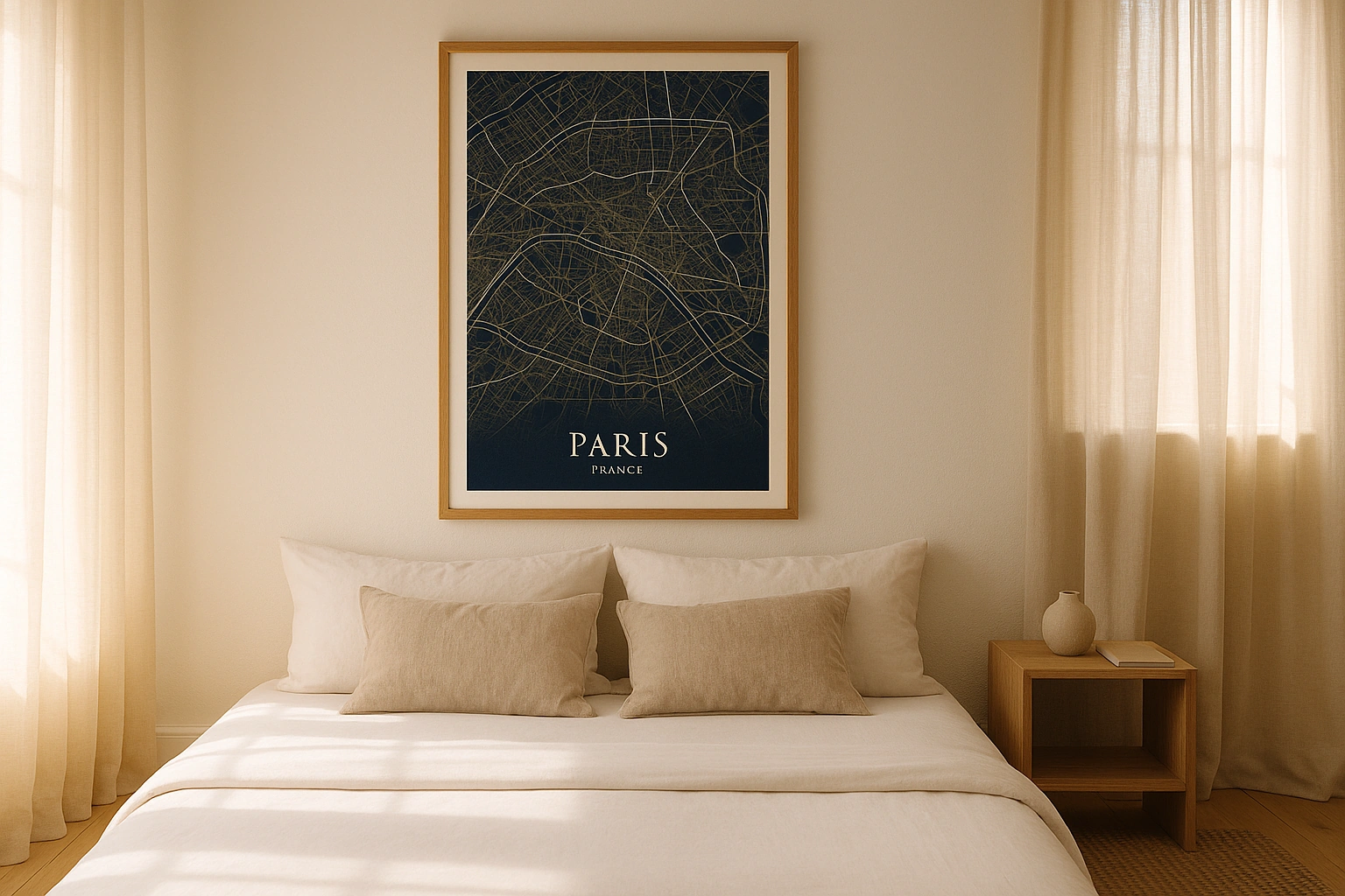 Paris map poster in oak frame above a bed in a sunlit bedroom