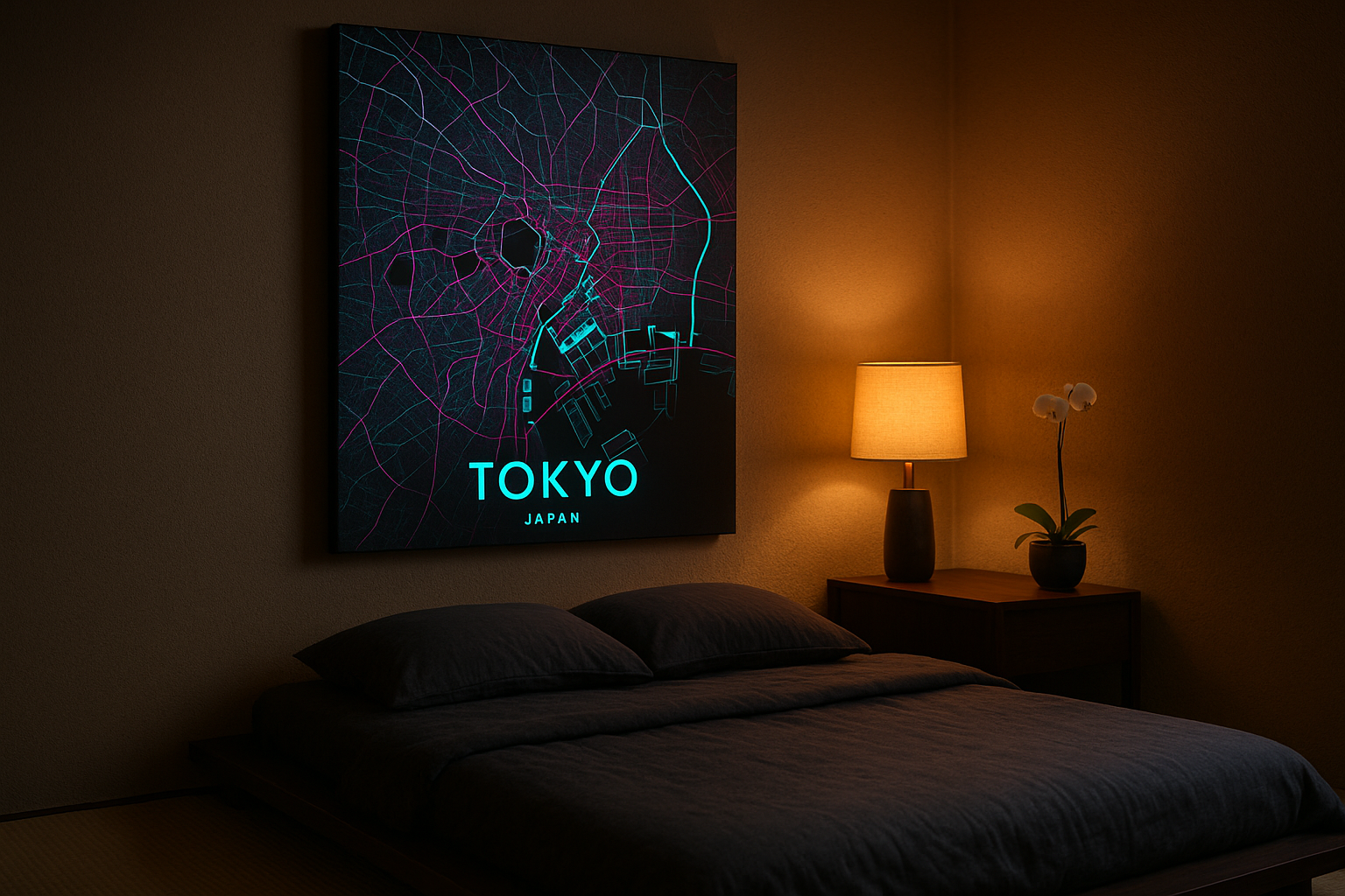 Tokyo map poster in a bedroom